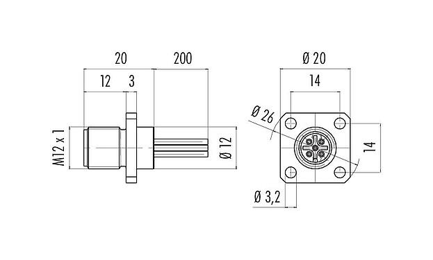 Dessin coté M12 Embase mâle, carré, Contacts: 8, non blindé, fils, IP40, UL 2238, M3 (4x), Montage frontal, coulé
