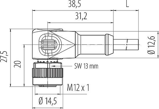 Dessin coté M12 Connecteur femelle coudé, Contacts: 4, non blindé, surmoulé sur le câble, IP68/IP69K, UL 2238, PUR, noir, 4 x 0,34 mm², avec LED, PNP, 2 m