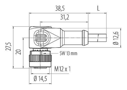 Dessin coté M12 Connecteur femelle coudé, Contacts: 4, non blindé, surmoulé sur le câble, IP68/IP69K, UL 2238, PVC, gris, 4 x 0,34 mm², avec LED, PNP, 2 m