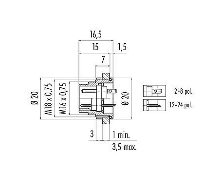 Scale drawing M16 Male panel mount connector, Contacts: 8 (08-a), unshielded, solder, IP68, UL 2238, AISG compliant, M18x0,75, Rear mounting