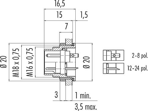 Scale drawing M16 Male panel mount connector, Contacts: 2 (02-a), unshielded, solder, IP67, UL 2238, M18x0,75, Rear mounting