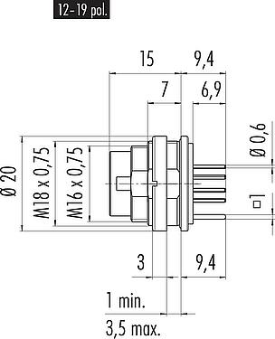 Scale drawing M16 Male panel mount connector, Contacts: 19 (19-a), shieldable, THT, IP67, UL 2238, M18x0,75, Rear mounting