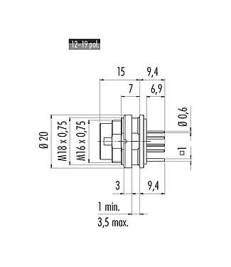 Dibujo a escala M16 Enchufe de brida, Número de contactos: 19 (19-a), blindable, THT, IP67, UL 2238, M18x0,75, Montaje en pared