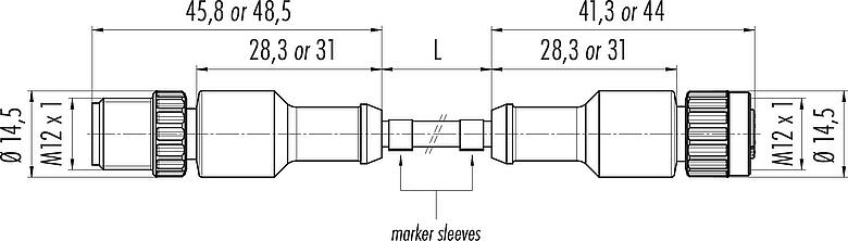 Dessin coté M12 Câble de raccordement connecteur mâle - connecteur femelle, Contacts: 8, non blindé, surmoulé sur le câble, IP68/IP69K, UL 2238, PUR, noir, 8 x 0,25 mm², 0,6 m