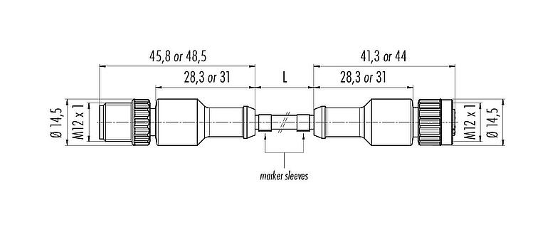 Scale drawing M12 Connecting cable male cable connector - female cable connector, Contacts: 12, unshielded, moulded on the cable, IP68/IP69K, UL 2238, PUR, black, 12 x 0.25 mm², 0.6 m