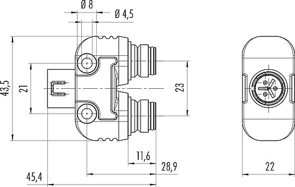 Scale drawing Snap-In Twin distributors, Y-distributor, Contacts: 3, unshielded, pluggable, IP67, UL 2238, VDE