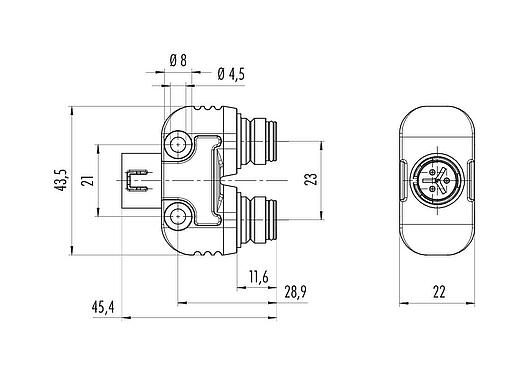 Dibujo a escala Snap-In Distribuidor doble, distribuidor de Y, Número de contactos: 5, sin blindaje, enchufable, IP67, UL 2238, VDE
