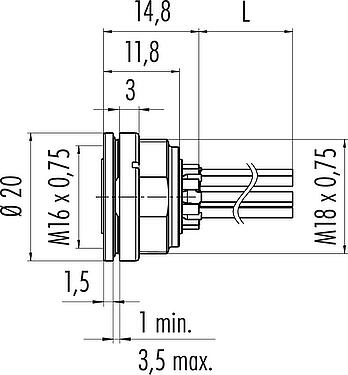 Dessin coté M16 Embase femelle, Contacts: 4 (04-a), non blindé, fils, IP67, UL 2238, M18x0,75, Montage frontal