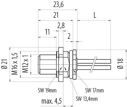 Dibujo a escala M12 Enchufe de brida, Número de contactos: 4, sin blindaje, hilos, IP68, UL 2238, M16x1,5, Montaje en pared, moldeado