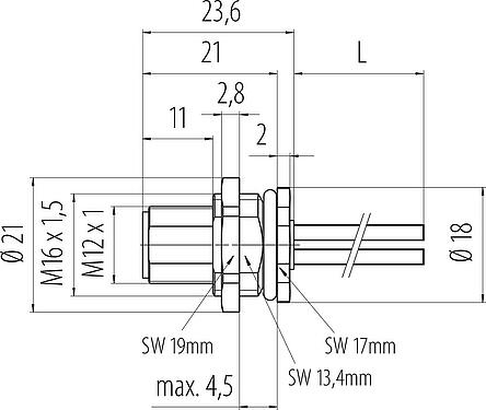 Dibujo a escala M12 Enchufe de brida, Número de contactos: 3, sin blindaje, hilos, IP68, UL 2238, M16x1,5, Montaje en pared, moldeado