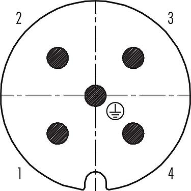 Disposition des contacts (Côté plug-in) RD30 Connecteur mâle, Contacts: 4+PE, 14,0-18,0 mm, non blindé, pince à visser, IP65, ESTI+, VDE