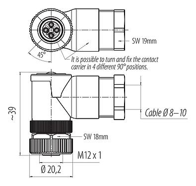 Dibujo a escala M12 Conector hembra en ángulo, Número de contactos: 4, 8,0-10,0 mm, sin blindaje, tornillo extraíble, IP67, UL 2238, VDE