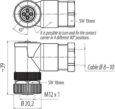 Dessin coté M12 Connecteur femelle coudé, Contacts: 4, 8,0-10,0 mm, non blindé, pince à visser, IP67, UL 2238, VDE