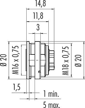 Scale drawing M16 Female panel mount connector, Contacts: 8 (08-a), unshielded, crimping (Crimp contacts must be ordered separately), IP40, M18x0,75, Front mounting