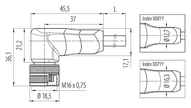 Dessin coté M16 Connecteur femelle coudé, Contacts: 12, non blindé, surmoulé sur le câble, IP67, PUR, noir, 12 x 0,25 mm², 2 m