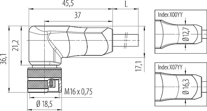 Dessin coté M16 Connecteur femelle coudé, Contacts: 12, non blindé, surmoulé sur le câble, IP67, PUR, noir, 12 x 0,25 mm², 2 m
