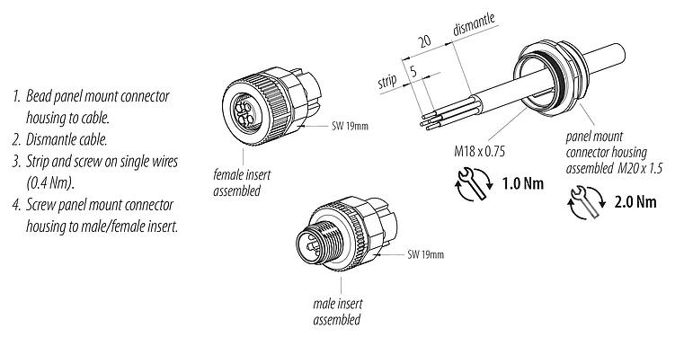 Instructions de montage M12 Embase femelle, Contacts: 4, non blindé, pince à visser, IP68, UL 2238, VDE, M20x1,5, Montage frontal