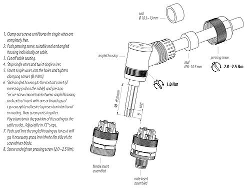 Instrucción de montaje M12 Conector hembra en ángulo, Número de contactos: 4+PE, 8,0-13,0 mm, sin blindaje, tornillo extraíble, IP67, UL 2238