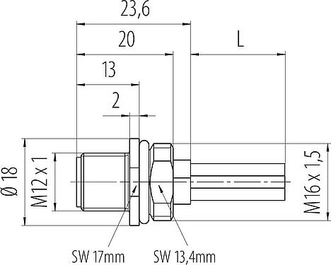 Dibujo a escala M12 Enchufe de brida, Número de contactos: 4, sin blindaje, hilos, IP68, UL 2238, M16x1,5, Montaje frontal