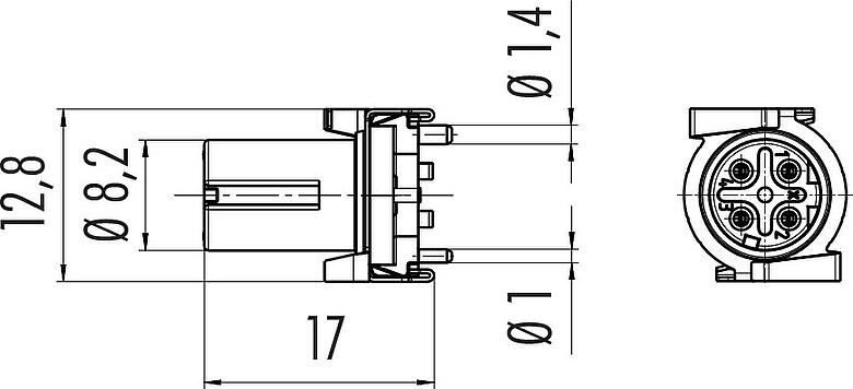 Dibujo a escala M12 Toma de brida, Número de contactos: 4, blindable, SMT, IP67