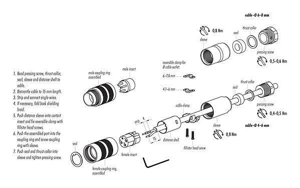 Assembly instructions M16 Male cable connector, Contacts: 3 (03-a), 4.0-6.0 mm, shieldable, screw clamp, IP67, UL 2238