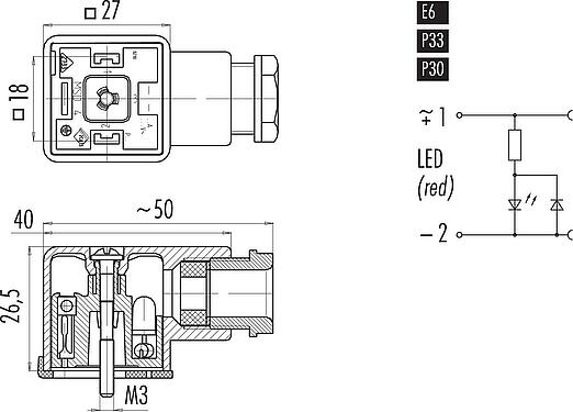 Dessin coté Embase femelle pour appareils, Contacts: 2+PE, 8,0-10,0 mm, non blindé, pince à visser, IP40 sans joint, PG 11, Circuit E6, avec LED, PNP