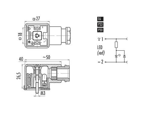 Dibujo a escala Conector hembra de potencia, Número de contactos: 2+PE, 6,0-8,0 mm, sin blindaje, tornillo extraíble, IP40 sin junta, PG 11, Circuito E6, con LED PNP
