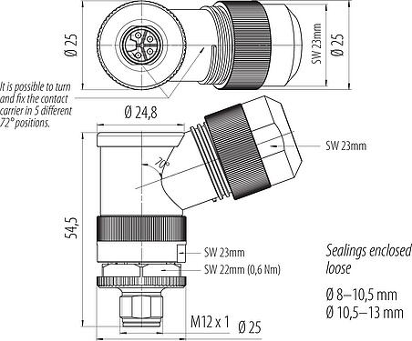 Dibujo a escala M12 Conector macho en ángulo, Número de contactos: 4, 8,0-13,0 mm, sin blindaje, tornillo extraíble, IP67, UL 2238, M12x1,0, para la fuente de alimentación (potencia)