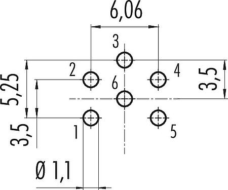 Conductor layout M16 Female panel mount connector, Contacts: 6 (06-a), unshielded, THT, IP40, M18x0,75, Rear mounting