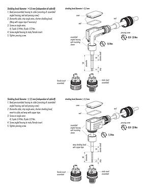 Instructions de montage M12 Connecteur mâle coudé, Contacts: 4, 5,0-8,0 mm, blindable, pince à visser, IP67, UL 2238, ressort à iris
