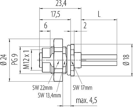 Dibujo a escala M12 Toma de brida, Número de contactos: 4, sin blindaje, hilos, IP68, UL 2238, M16x1,5, Montaje en pared