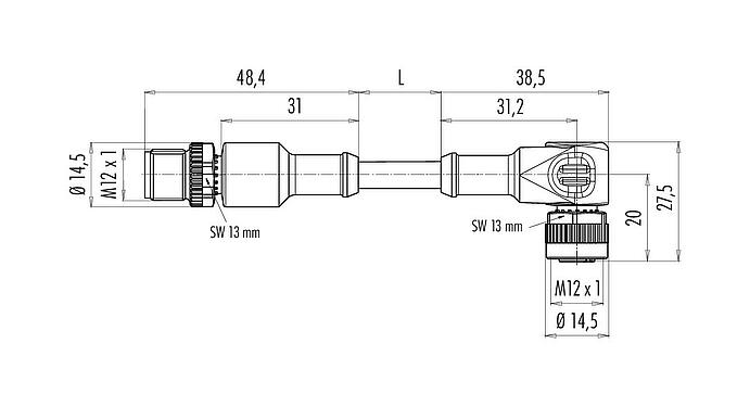 Dessin coté M12 Câble de raccordement connecteur mâle - connecteur femelle coudé, Contacts: 8, non blindé, surmoulé sur le câble, IP68/IP69K, UL 2238, PUR, noir, 8 x 0,25 mm², 2 m