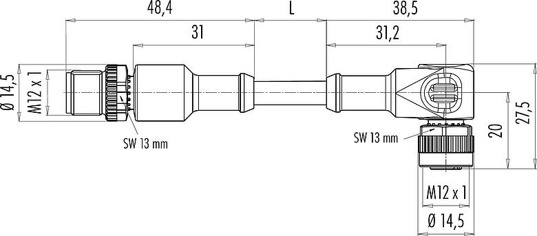 Dessin coté M12 Câble de raccordement connecteur mâle - connecteur femelle coudé, Contacts: 8, non blindé, surmoulé sur le câble, IP68/IP69K, UL 2238, PUR, noir, 8 x 0,25 mm², 2 m