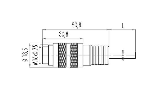Dibujo a escala M16 Conector de cable macho, Número de contactos: 12 (12-a), sin blindaje, moldeado en el cable, IP67, PUR, negro, 12 x 0,25 mm², 2 m