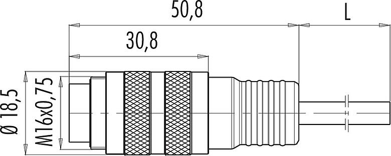 Scale drawing M16 Male cable connector, Contacts: 5 (05-a), unshielded, moulded on the cable, IP67, PUR, black, 5 x 0.25 mm², 2 m
