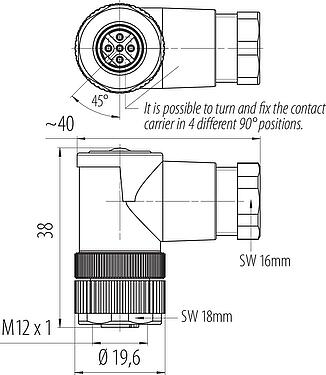 Dessin coté M12 Connecteur femelle coudé, Contacts: 5, 6,0-8,0 mm, non blindé, pince à visser, IP67, UL 2238
