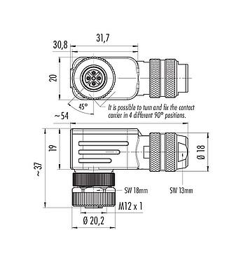 Dessin coté M12 Connecteur femelle coudé, Contacts: 4, 4,0-6,0 mm, blindable, pince à visser, IP67, UL 2238, avec anneau de protection