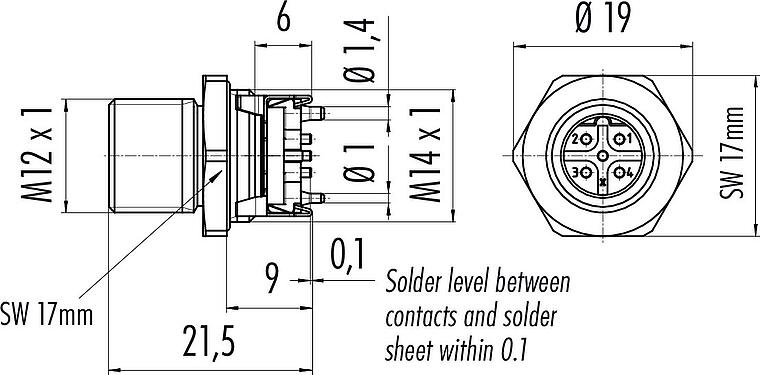 Dibujo a escala M12 Enchufe de brida, Número de contactos: 5, blindable, SMT, IP67, M14x1,0, Montaje en pared