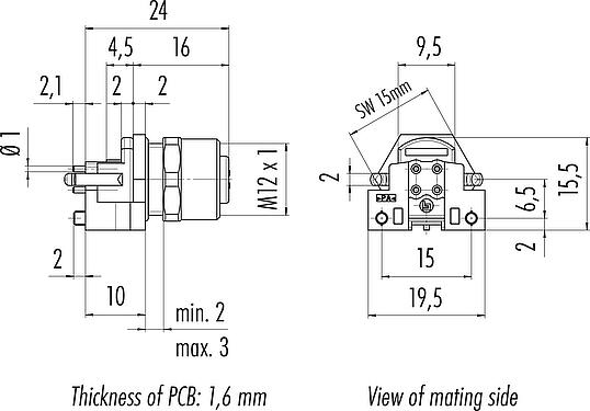 Dibujo a escala M12 Toma de brida, Número de contactos: 5, blindable, THR, IP68, UL 2238, M12x1,0, Montaje en pared