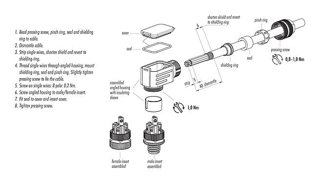 Instructions de montage M12 Connecteur mâle coudé, Contacts: 8, 6,0-8,0 mm, blindable, pince à visser, IP67, UL 2238, avec anneau de protection