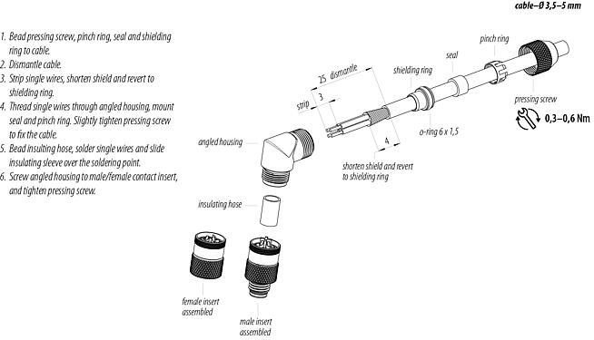 Assembly instructions M8 Male angled connector, Contacts: 3, 3.5-5.0 mm, shieldable, solder, IP67, UL 2238