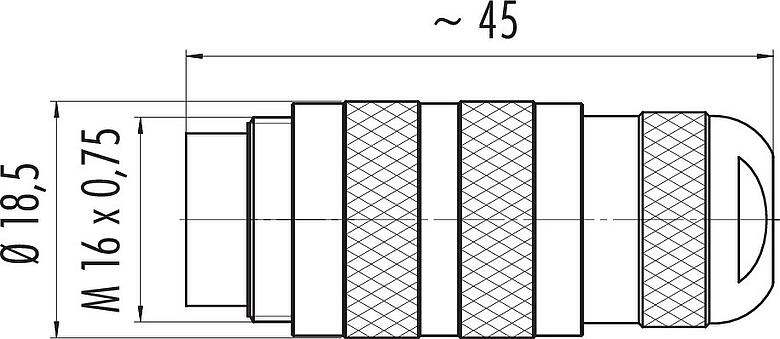 Scale drawing M16 Male cable connector, Contacts: 2 (02-a), 4.1-7.8 mm, unshielded, solder, IP67, UL 2238, Short version