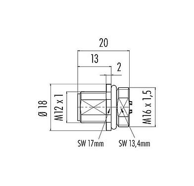 Dessin coté M12 Embase mâle, Contacts: 5, non blindé, souder, IP68, UL 2238, M16x1,5, Montage frontal