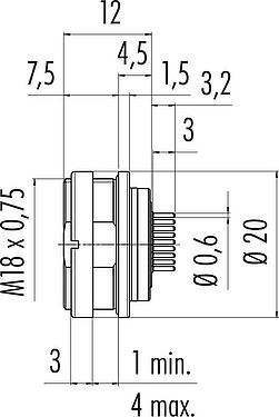 Scale drawing M16 Female panel mount connector, Contacts: 24, unshielded, THT, IP67, UL 2238, M18x0,75, Rear mounting