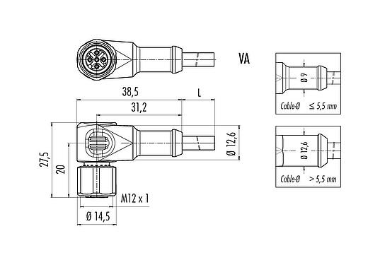 Scale drawing M12 Female angled connector, Contacts: 4, unshielded, moulded on the cable, IP67/IP69K, UL 2238, PUR, black, 4 x 0.34 mm², stainless steel, 10 m
