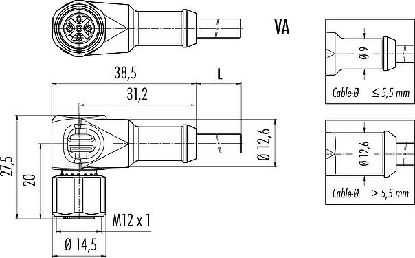 Dessin coté M12 Connecteur femelle coudé, Contacts: 4, non blindé, surmoulé sur le câble, IP67/IP69K, UL 2238, PUR, noir, 4 x 0,34 mm², Acier inoxydable, 2 m