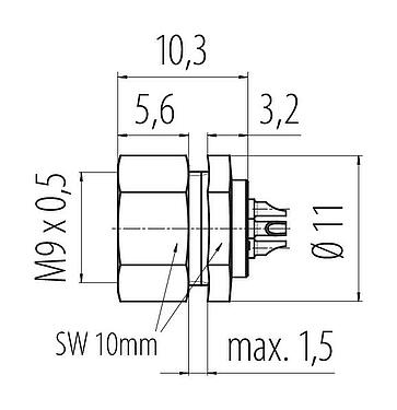 Scale drawing M9 Female panel mount connector, Contacts: 2, unshielded, solder, IP40, M9x0,5, Front mounting