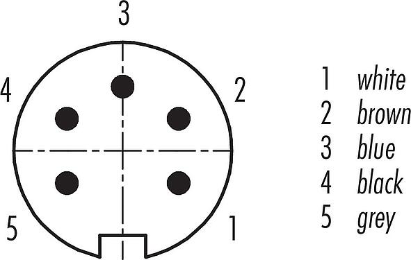 Disposition des contacts (Côté plug-in) M16 Connecteur mâle coudé, Contacts: 5 (05-a), blindé, surmoulé sur le câble, IP67, PUR, noir, 5 x 0,25 mm², 2 m