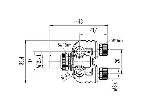 Scale drawing M12/M8 Twin distributors, Y-distributor, male connector - 2 female connector, Contacts: 4/3, unshielded, pluggable, IP68, UL 2238
