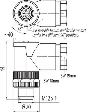 Scale drawing M12 Male angled connector, Contacts: 4, 2.1-3.0 mm (2 cable) or 4-5 mm (2 cable), unshielded, screw clamp, IP67, UL 2238